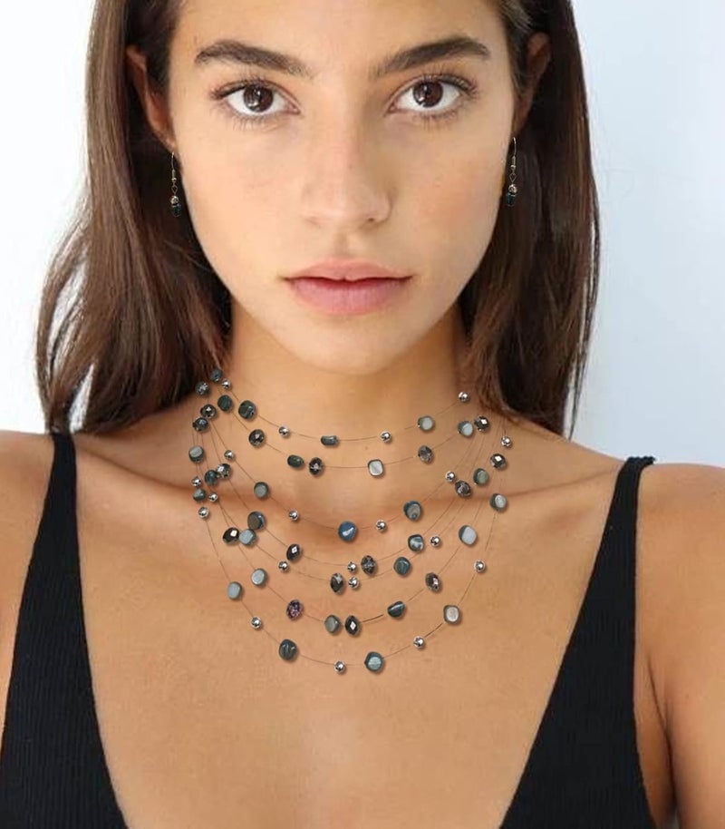 Errally Store Multi-Layer Boho Shell Beaded Necklace for Women Colorful Crystal Strand with Silver Beads Statement Collars Necklace and Earrings Costumes Jewelry Sets for Women - Image 3
